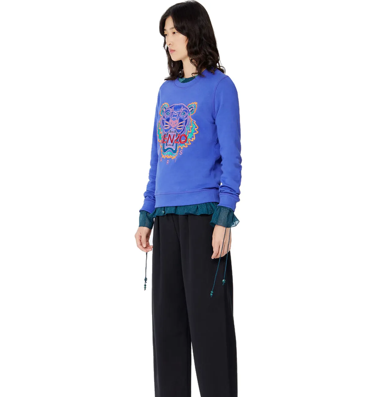 Kenzo Orange Green Embroidered Tiger Logo Blue Sweatshirt
